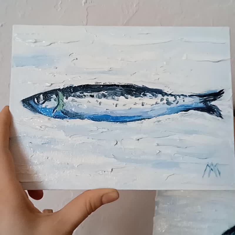 鱼画原创艺术沙丁鱼墙艺术鱼艺术品 15*20 厘米油画 - 海报/装饰画/版画 - 其他材质 白色