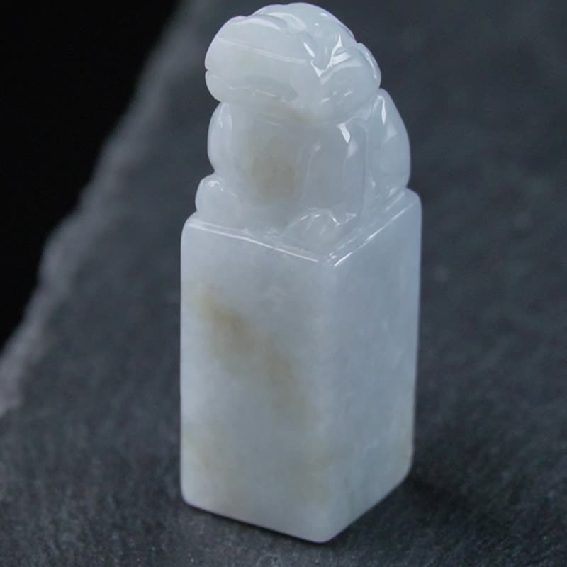 【招财神兽】飘黄翡翡翠貔貅玉印章 | 天然缅甸玉翡翠A货 | 送礼 - 印章/印台 - 玉石 白色