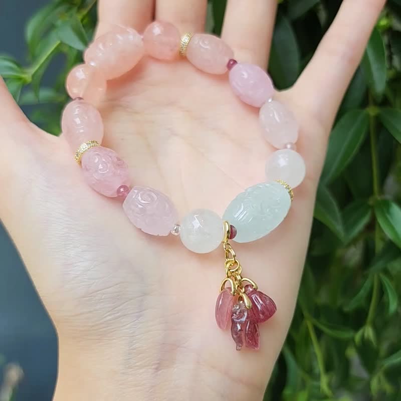 摩根石 绿柱石 回纹 碧玺 金鱼 顺利 智慧 吉祥 手链 单品 礼物 - 手链/手环 - 宝石 粉红色