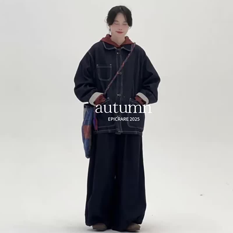 黑色 一條神褲 寬松燈籠牛仔長褲 復古休閒百搭簡約牛仔褲 - 女装长裤 - 棉 黑色
