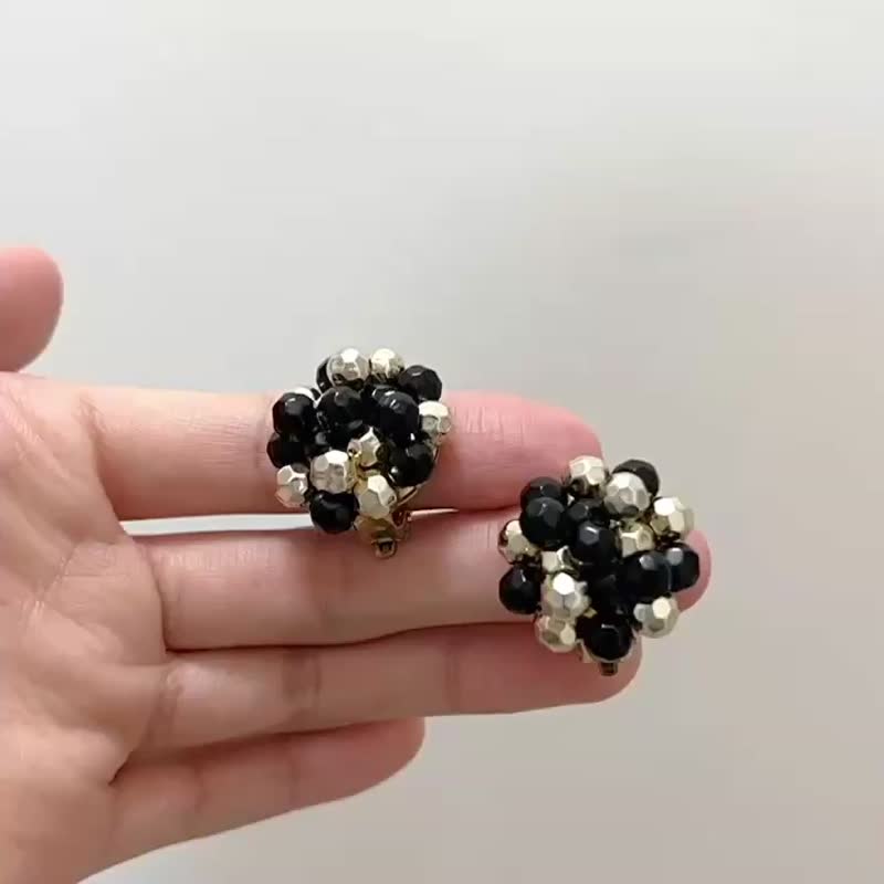 黑与淡金 珠花耳夹 - 耳环/耳夹 - 其他金属 黑色