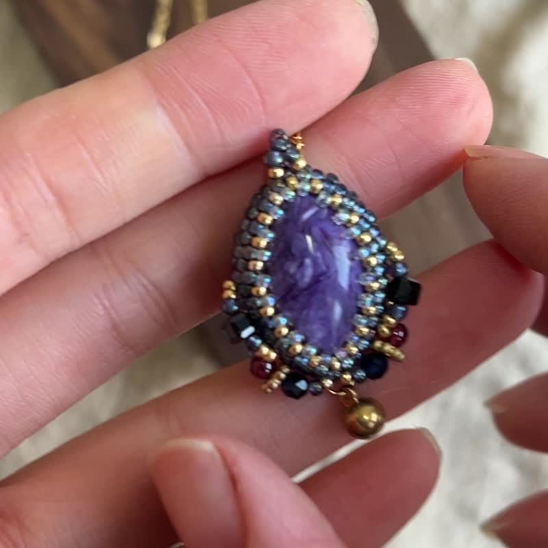 玻璃米珠x天然石 紫龙晶 串珠吊坠 配宝石 锁骨链 - 锁骨链 - 水晶 紫色