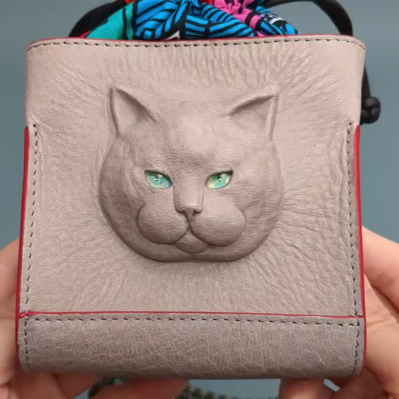 3D 英国短毛猫 皮革束口包 – 独特日本手工制作 - 侧背包/斜挎包 - 真皮 灰色