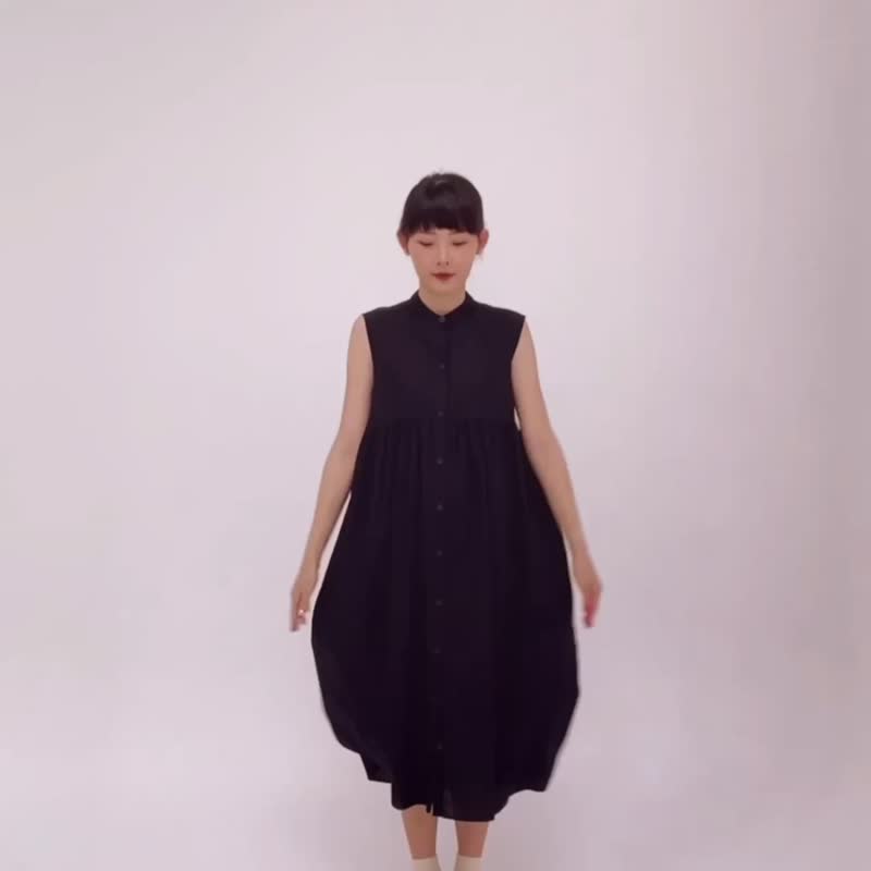 立领无袖洋装 - 黑色 - 洋装/连衣裙 - 棉 黑色