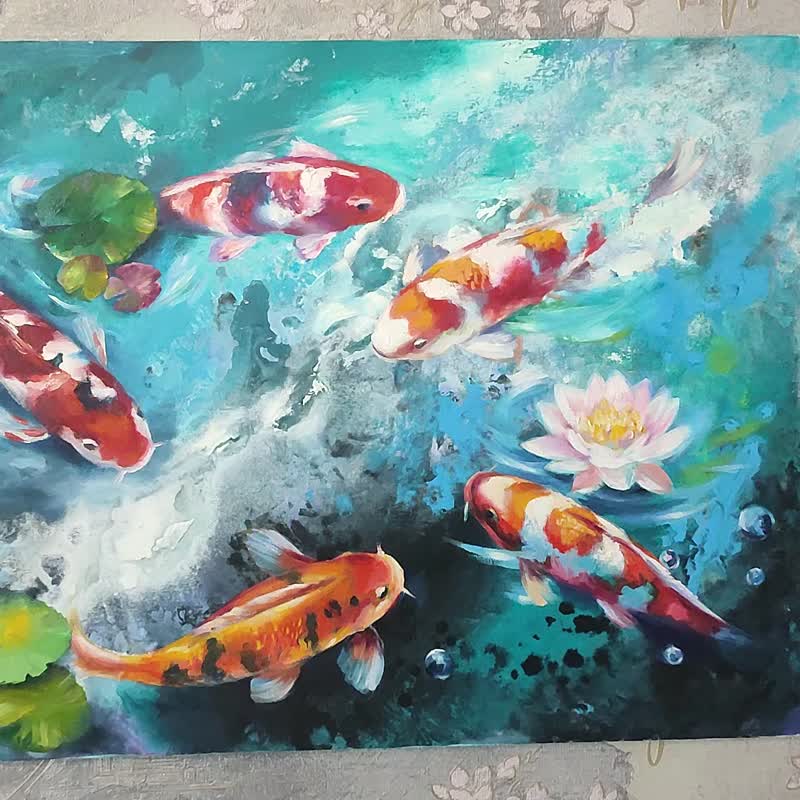 Koi Fish Painting Carp Oil Art Feng Shui Painting Fish Art - 墙贴/壁贴 - 其他材质 