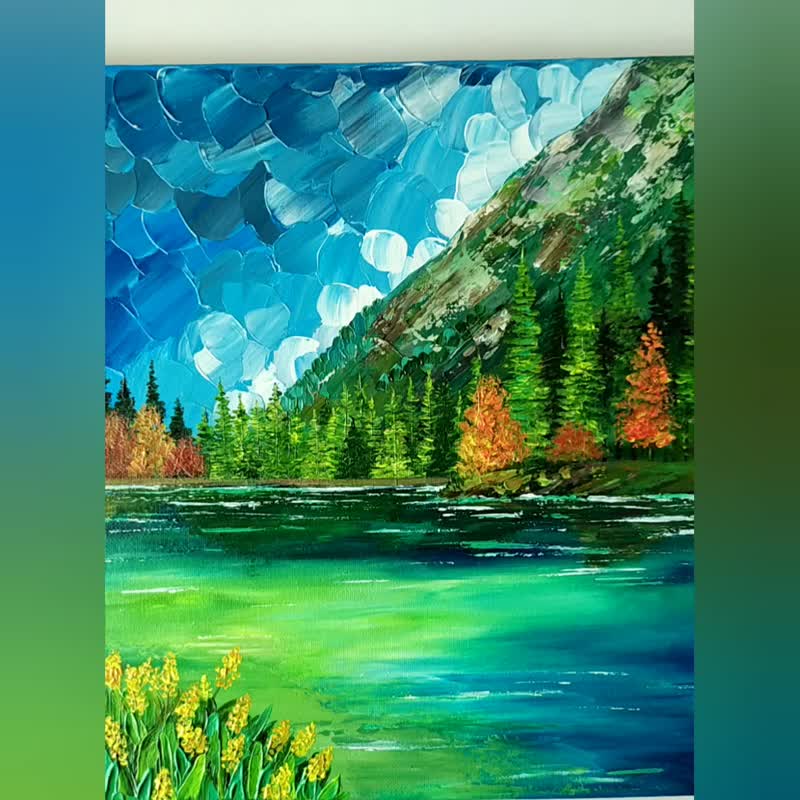 Landscape painting with forest mountains and lake on canvas Wall decoration 畫 - 墙贴/壁贴 - 压克力 绿色