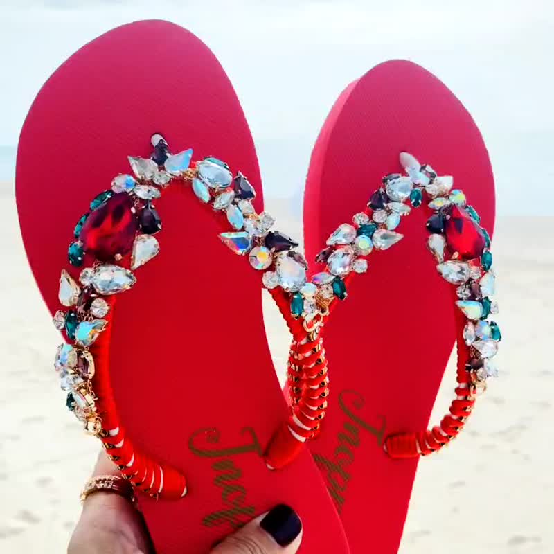 Jeweled Flip Flops Bling Flip Flops  Rhinestone White Sandals Beach Sandals Shoe - 拖鞋 - 其他材质 红色