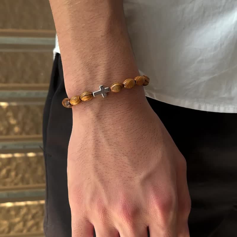 手链 进口9mm椭圆形橄榄木珠搭配圣本笃圣牌 结合十字架 8250892 - 手链/手环 - 木头 咖啡色