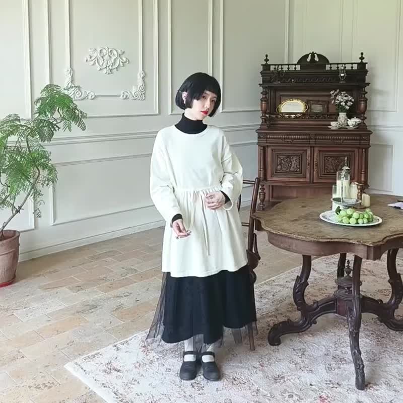 米白色 簡約基礎款針織洋裝 秋冬連衣裙 - 洋装/连衣裙 - 其他人造纤维 白色