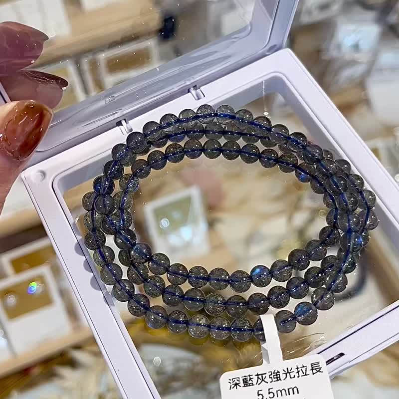 小精品深蓝黑系拉长石灰月光强蓝光水晶5.5mm三圈助睡眠释放压力 - 手链/手环 - 水晶 灰色