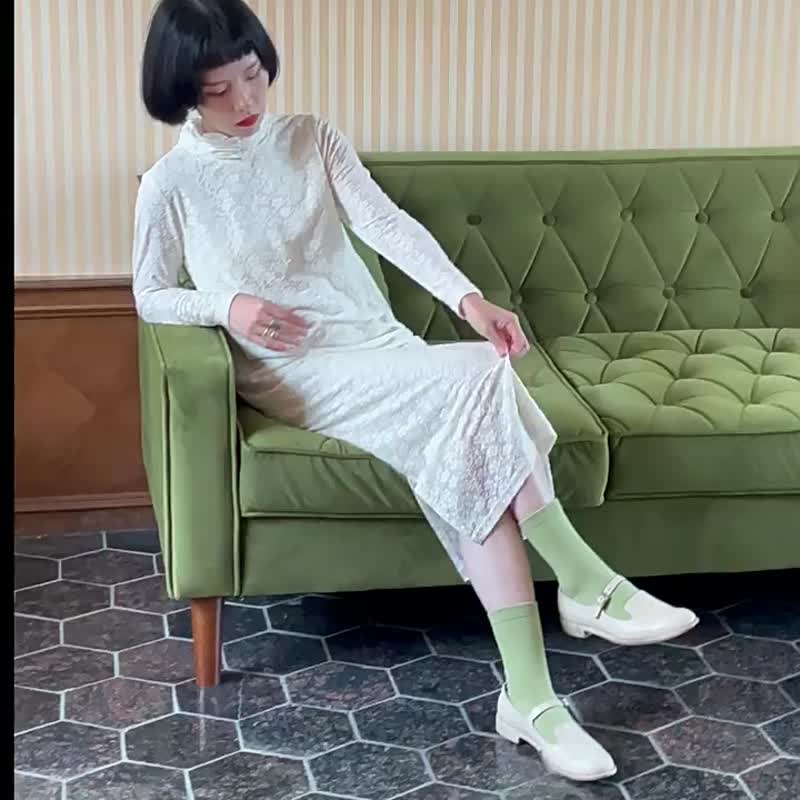 奶油色 新中式旗袍 復古高領開衩內搭洋裝 提花中長款連衣裙裙子 - 洋装/连衣裙 - 其他人造纤维 白色