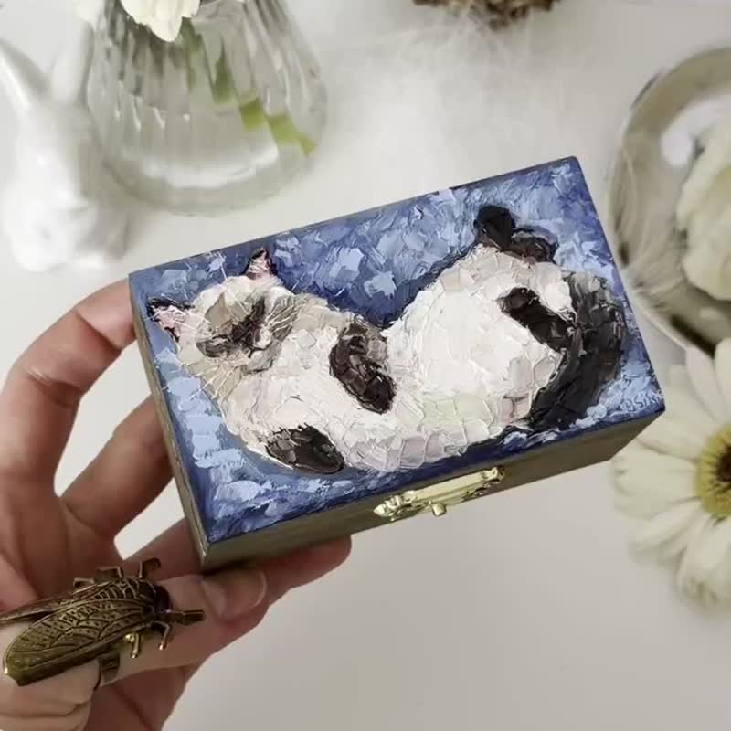 暹罗猫与老鼠 手绘迷你木盒，收纳盒 睡猫 - 收纳用品 - 木头 咖啡色