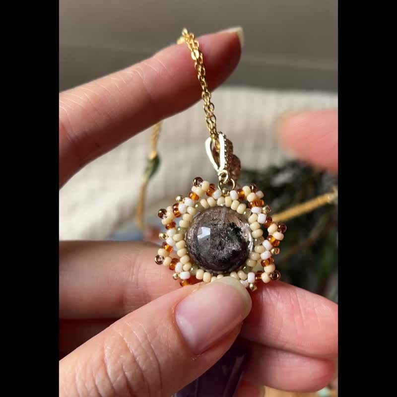 彩幽灵 紫水晶 玻璃米珠x天然石 串珠吊坠 配宝石链 - 项链 - 水晶 紫色
