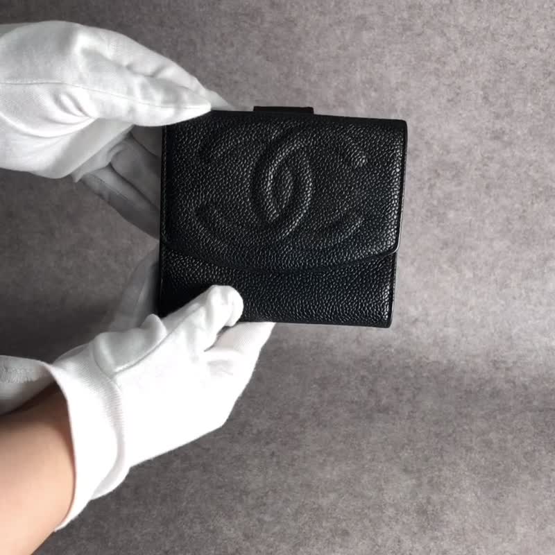 【日本直送 名牌中古包】CHANEL 香奈儿 黑色 钱包 经典双 C 标志 皮革 双折式 vintage 古董 srpd6j - 皮夹/钱包 - 真皮 黑色