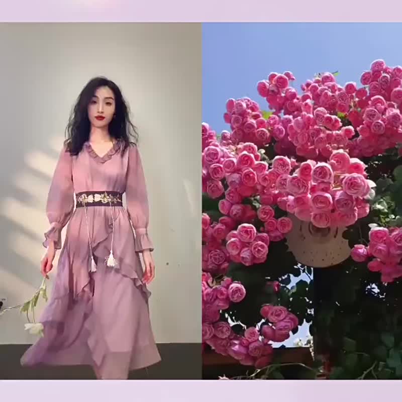 限量贩售 法式荷叶边 长袖宽腰带显瘦飘逸连衣裙洋装 紫色 - 洋装/连衣裙 - 聚酯纤维 紫色