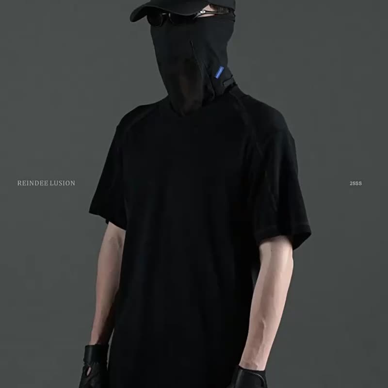 美利奴羊毛速干立体结构机能中式领短袖T恤 - 男装上衣/T 恤 - 羊毛 黑色