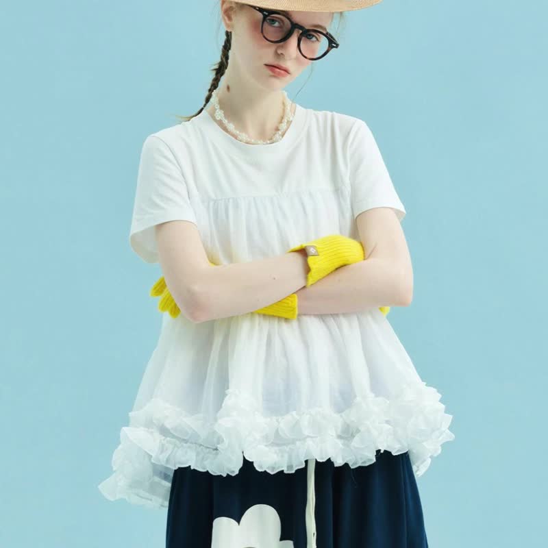 黑色拼接纱短袖上衣 / T恤 T-shirt - 女装 T 恤 - 棉．麻 黑色