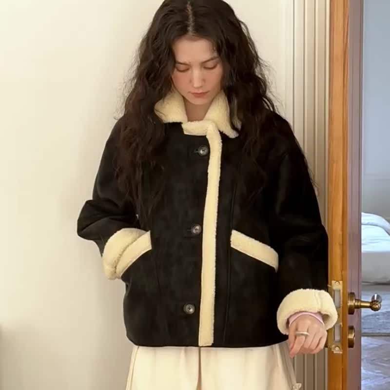 黑色 冬日愛丁堡 北歐復古風皮毛一體短款翻領毛毛冬日外套 - 女装休闲/机能外套 - 其他人造纤维 黑色