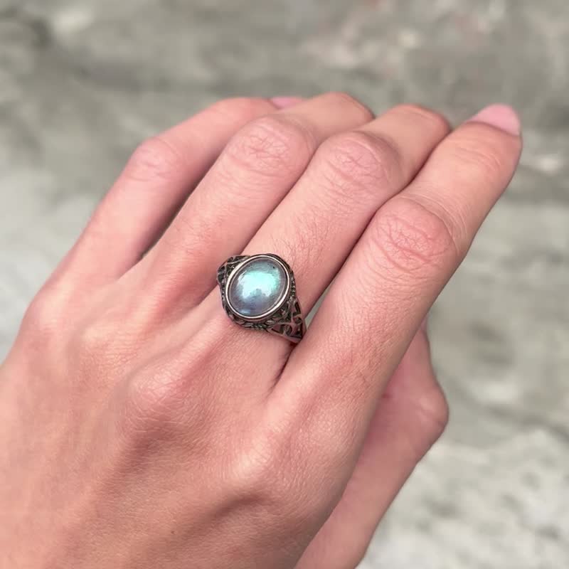 喜迎瑶 925银 拉长石 天然石 水晶 活口 戒指 民族风 嬉皮 复古 - 戒指 - 水晶 银色