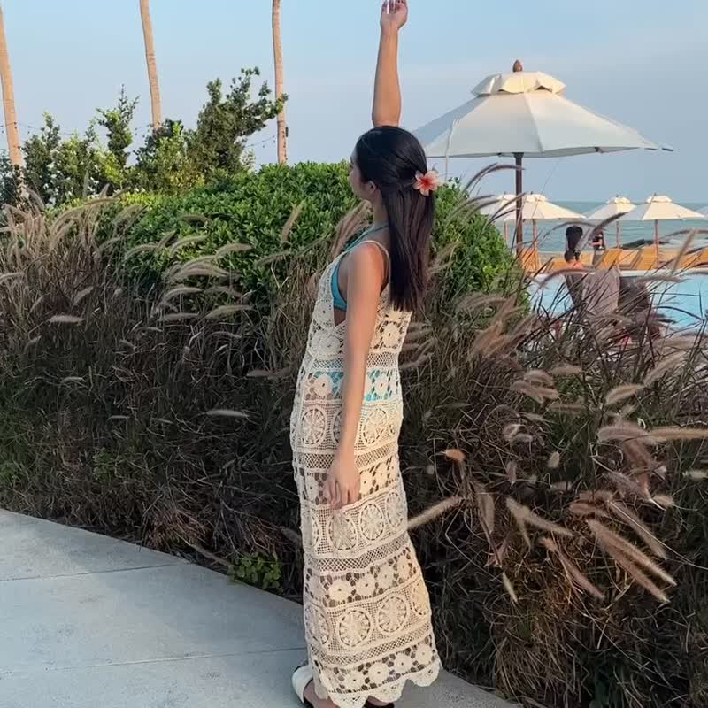波西米亚风钩针蕾丝海滩比基尼罩衫长洋装，夏日必备单品 - 洋装/连衣裙 - 其他金属 白色