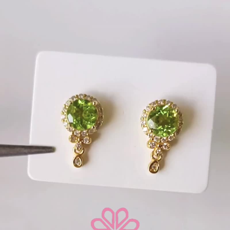 纯天然橄榄石耳环，925纯银镀金 - 耳环/耳夹 - 纯银 绿色