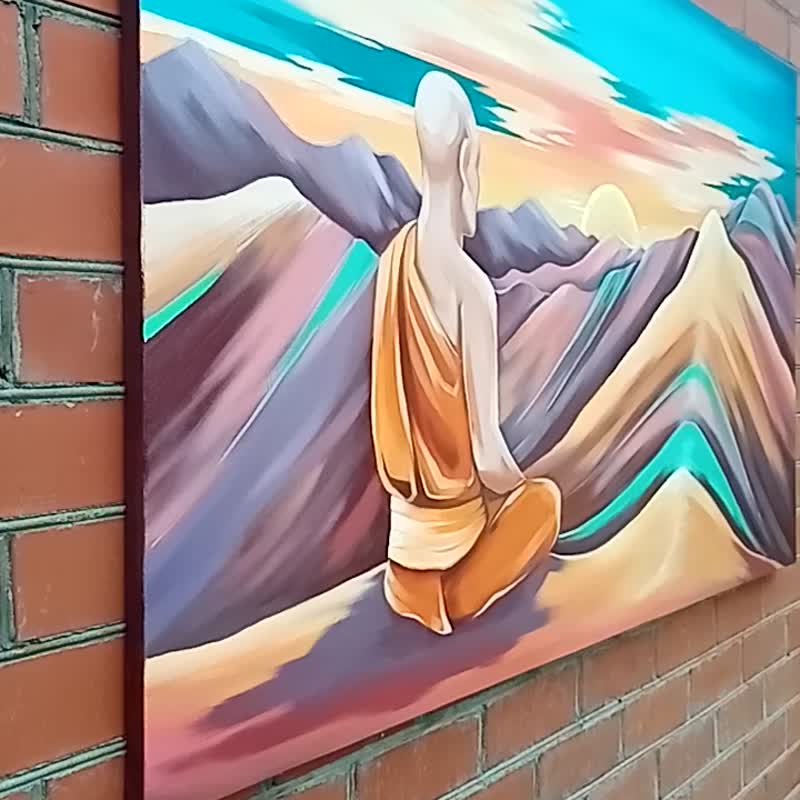 Monk Painting Mountains Original Art Buddhist Wall Art Meditation Artwork Zen - 海报/装饰画/版画 - 其他材质 橘色