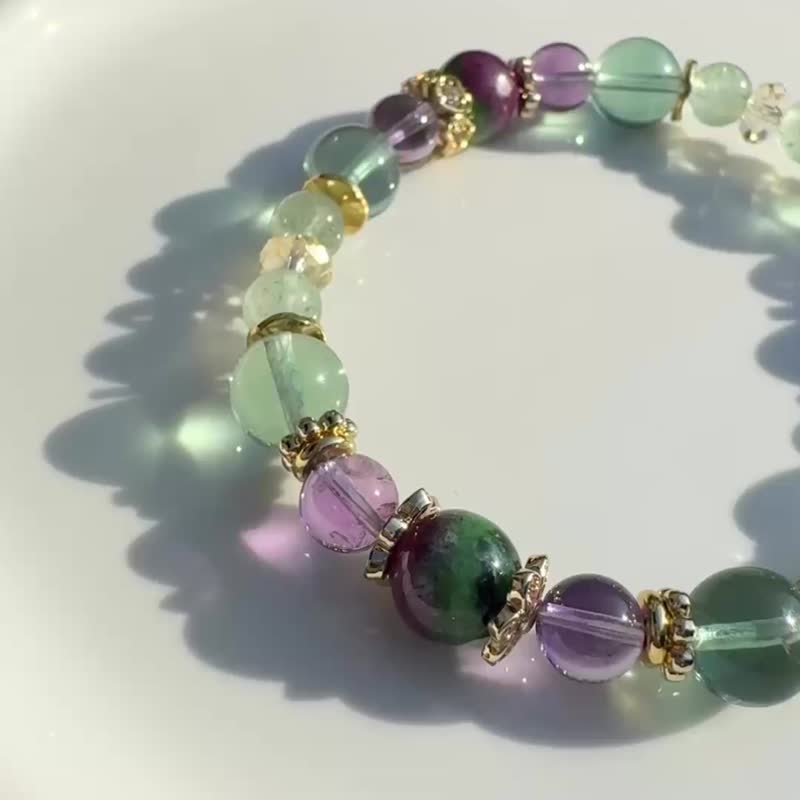 以拉粉绿海岸 绿萤石 红绿宝石 紫水晶 绿草莓晶 水晶手链 水晶 - 手链/手环 - 水晶 