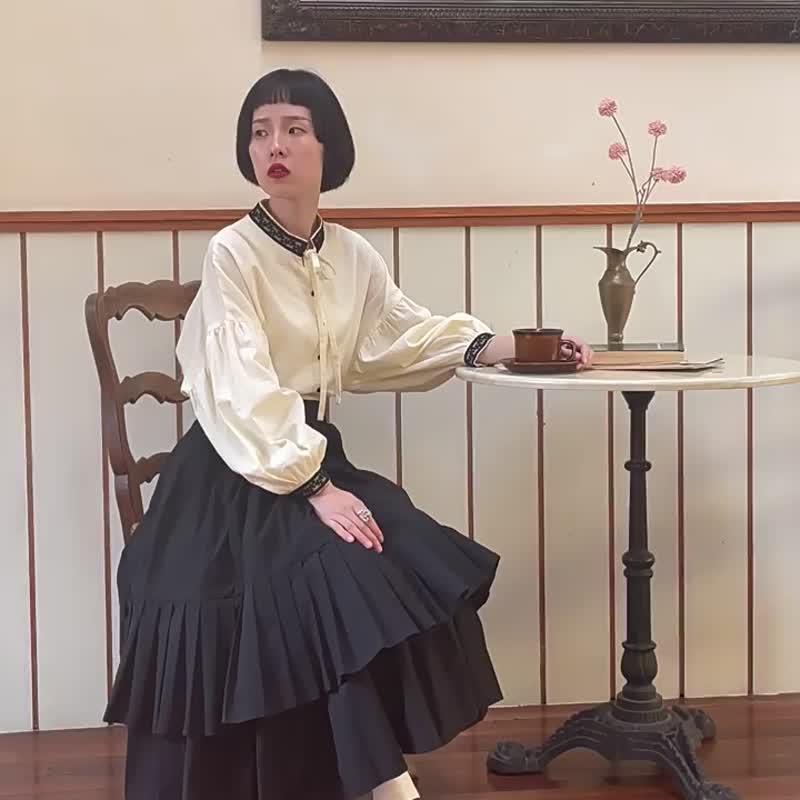 奶油玫瑰新中式襯衫+重工百褶半身裙套裝女春秋兩件套 - 女装衬衫 - 棉．麻 白色