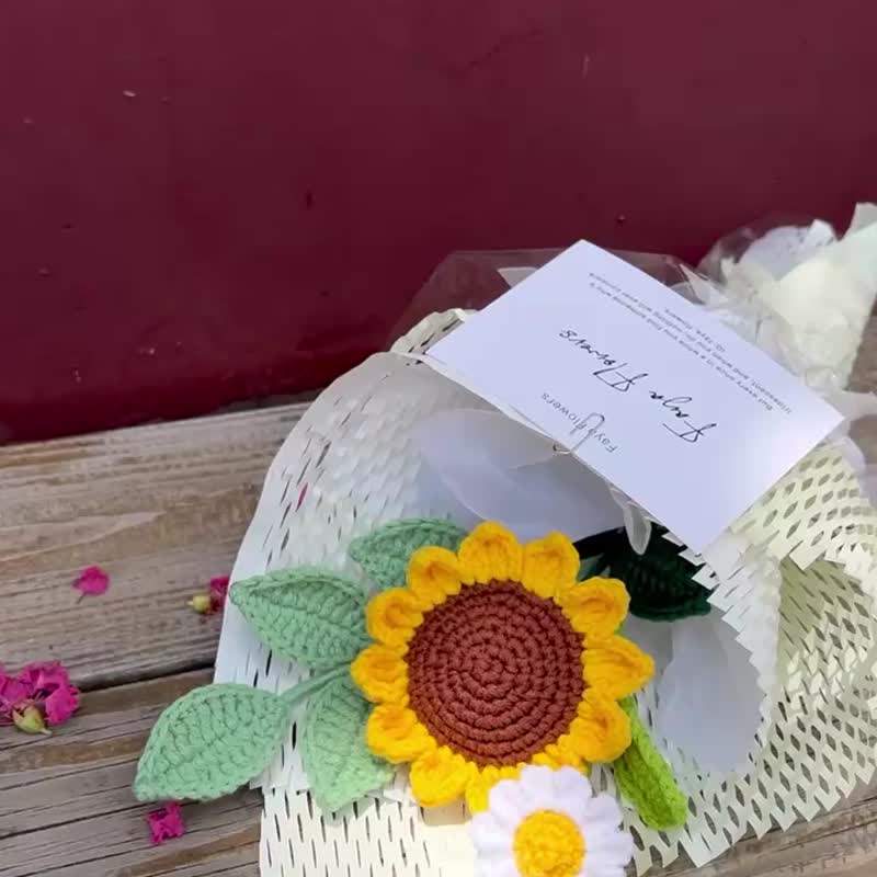 夏日小清新葵花束  编织花 钩织花 针织花 毕业花束七夕 - 干燥花/捧花 - 棉．麻 橘色