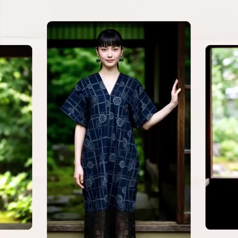 纯棉莫蓝迪灰绿海洋风图腾拼接乌干纱半透明黑色长版四角衣连身裙 - 洋装/连衣裙 - 棉 黑色