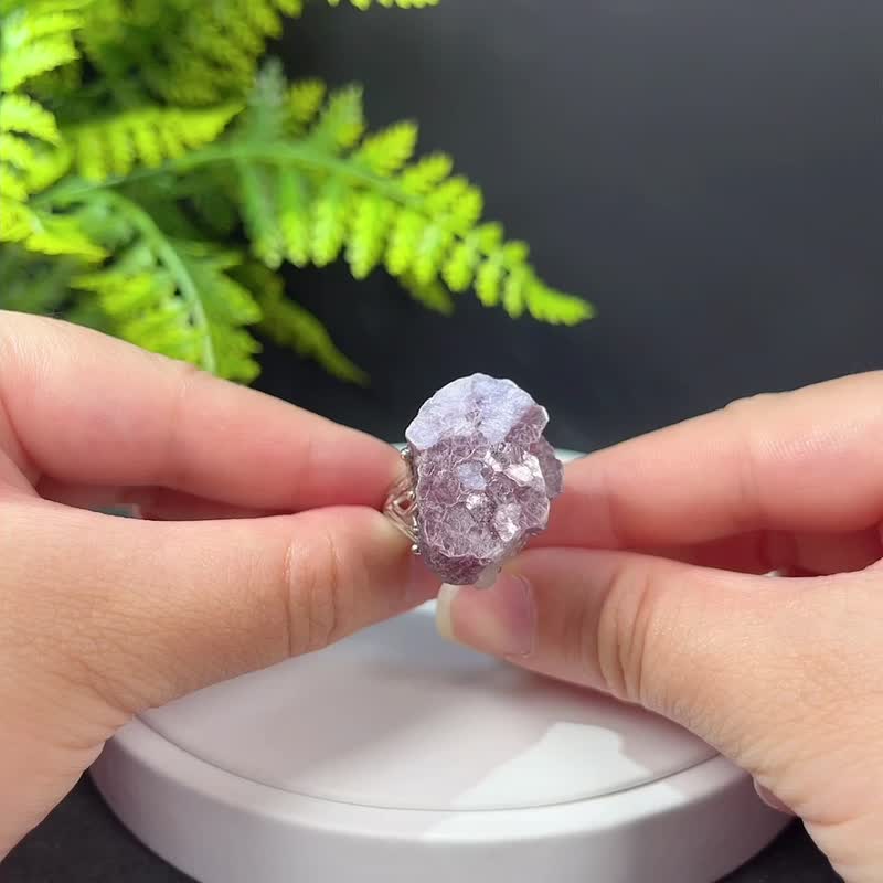 紫色锂云母活口戒指 结晶随形闪片原石标本矿物复古指环 S925银 - 戒指 - 半宝石 紫色