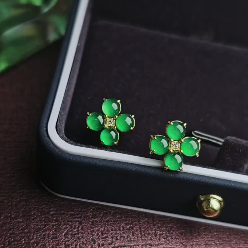 |招财•幸运•贵人•健康•感情|A货翡翠纯银放光阳绿四叶草耳环 - 耳环/耳夹 - 玉石 
