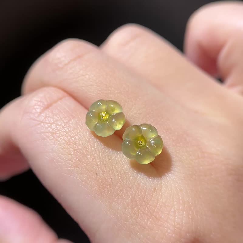 高冰黄翡花花耳环 | 天然危地马拉玉 A 货翡翠 - 耳环/耳夹 - 玉石 橘色