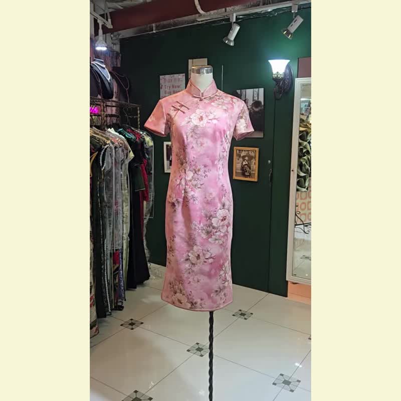 【VINTAGE 悦裳】新式改良复古旗袍  仿皮绒金丝牡丹短旗袍 (粉色 - 旗袍 - 棉 粉红色