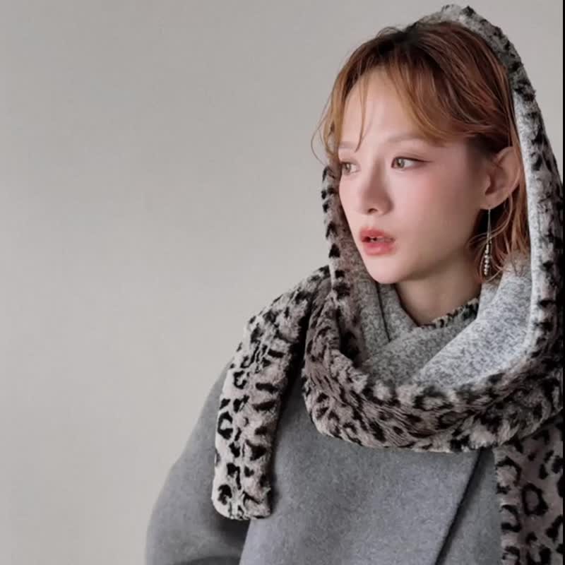 【 圣诞礼物 】Mist 系列 - 烟迹 * 豹纹 混织毛料 围巾 连帽围巾 - 围巾/披肩 - 其他人造纤维 灰色