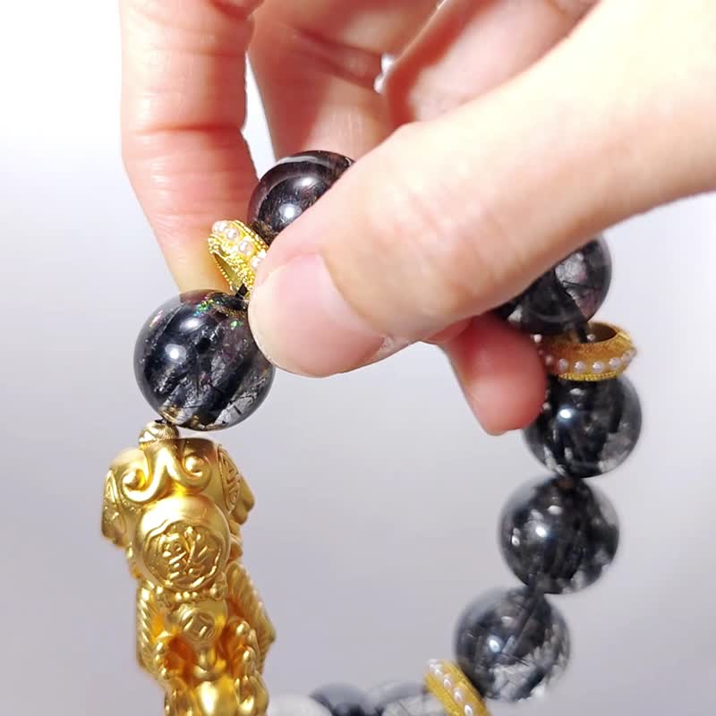 顶级黑发晶 领袖 貔貅 龙 白水晶 心经 转运 手链 单品 礼物 收藏 - 手链/手环 - 宝石 黑色