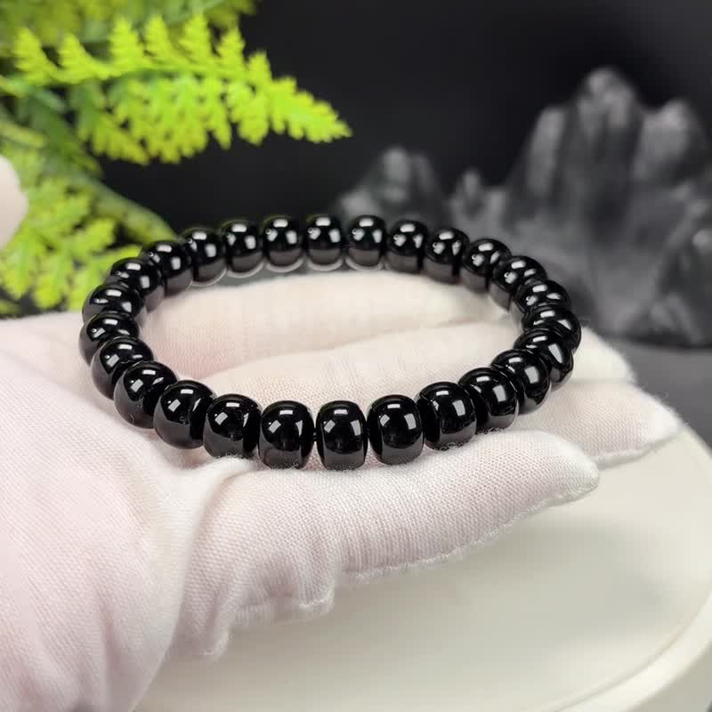 稀有天然黑玛瑙手串雕刻盘珠手链女款单圈第三眼脉轮招财辟邪 - 手链/手环 - 半宝石 黑色