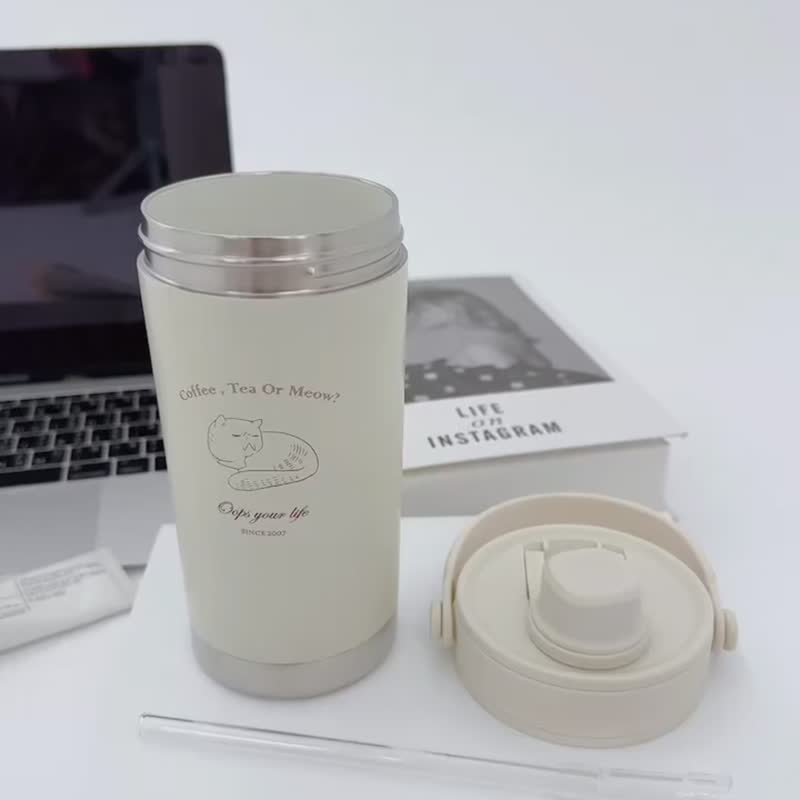 胖虎猫咪手提随行保温杯500ml - 水瓶/水壶 - 不锈钢 白色