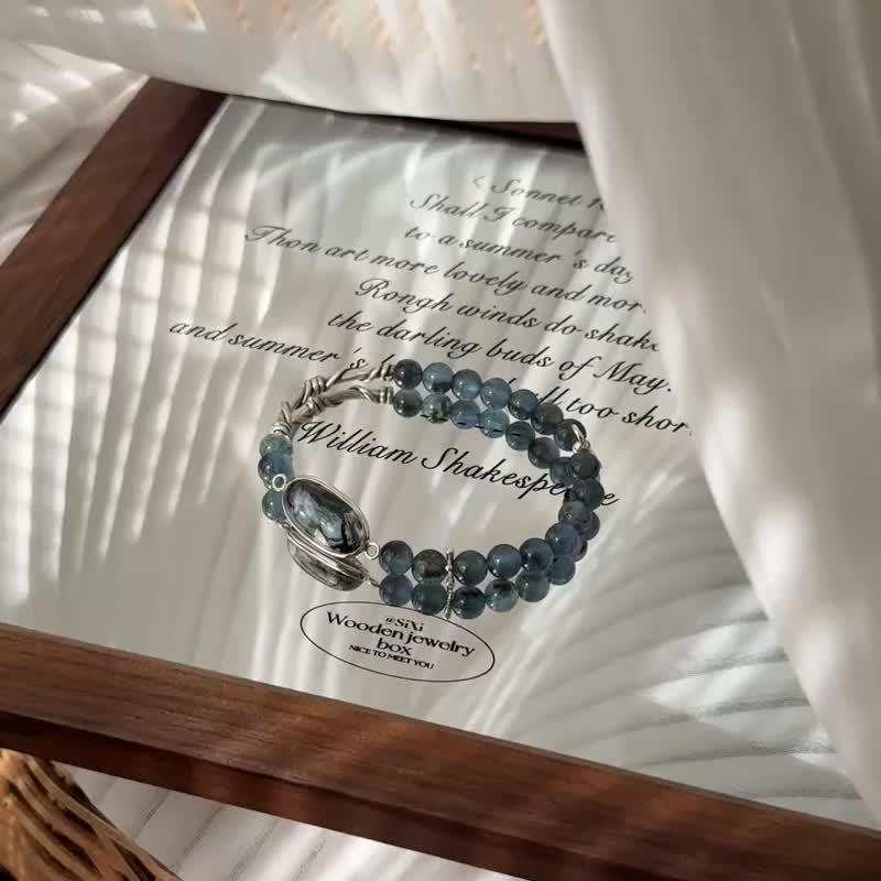 稀有蓝铁矿蛋面黑爆闪海蓝宝设计款手链 - 手链/手环 - 水晶 蓝色