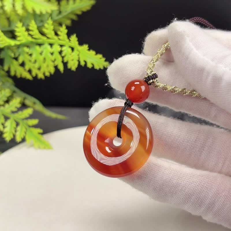 渐变红玛瑙吊坠项链 冰透起光手工雕刻平安扣 祛灾护身 圆满幸福 - 项链 - 半宝石 红色