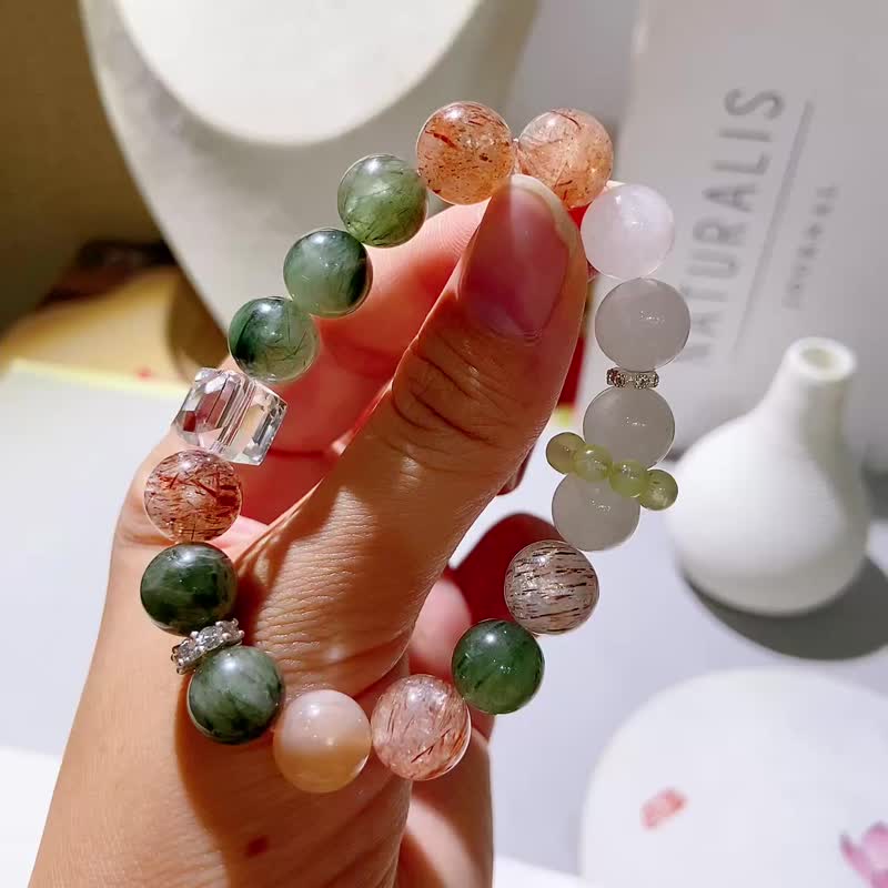 天然绿发晶手链 规格10-11毫米 搭配天然白幽灵 黑金超 太阳石 - 手链/手环 - 水晶 