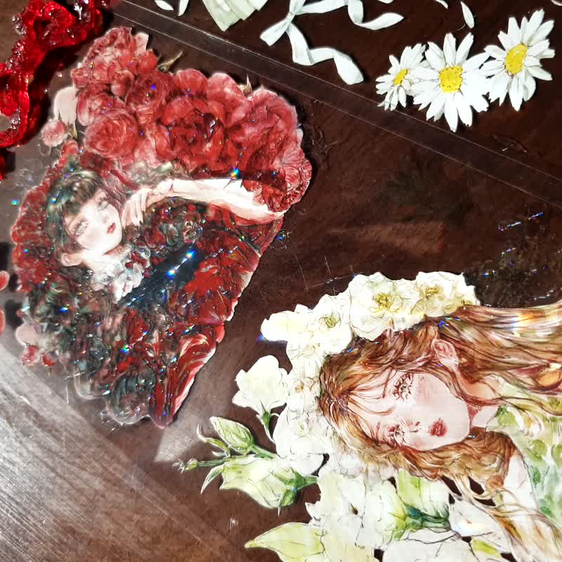 Flower girls PET 粉色 3D 珍珠亮面橡皮筋 / 和纸油 - 纸胶带 - 纸 透明