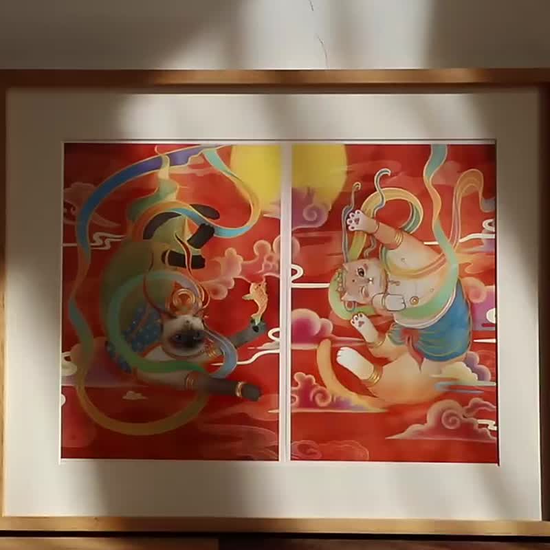 飛天貓門神 插畫海報 畫芯水彩畫年畫 復刻畫裝飾畫相框畫框挂畫 - 海报/装饰画/版画 - 其他人造纤维 红色