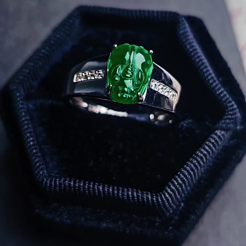 招财神兽•避邪|冰辣绿貔貅|缅甸A货翡翠纯银简约男戒 - 戒指 - 玉石 