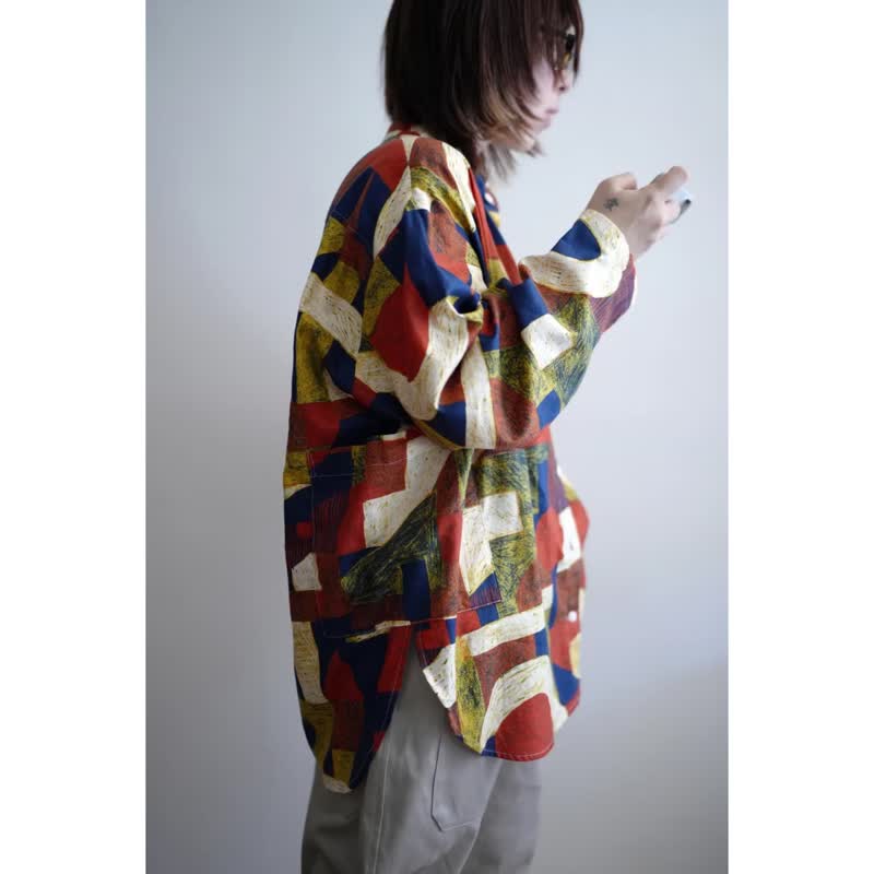 砖红浓蓝画笔宽版长袖衬衫 - 女装衬衫 - 棉．麻 多色