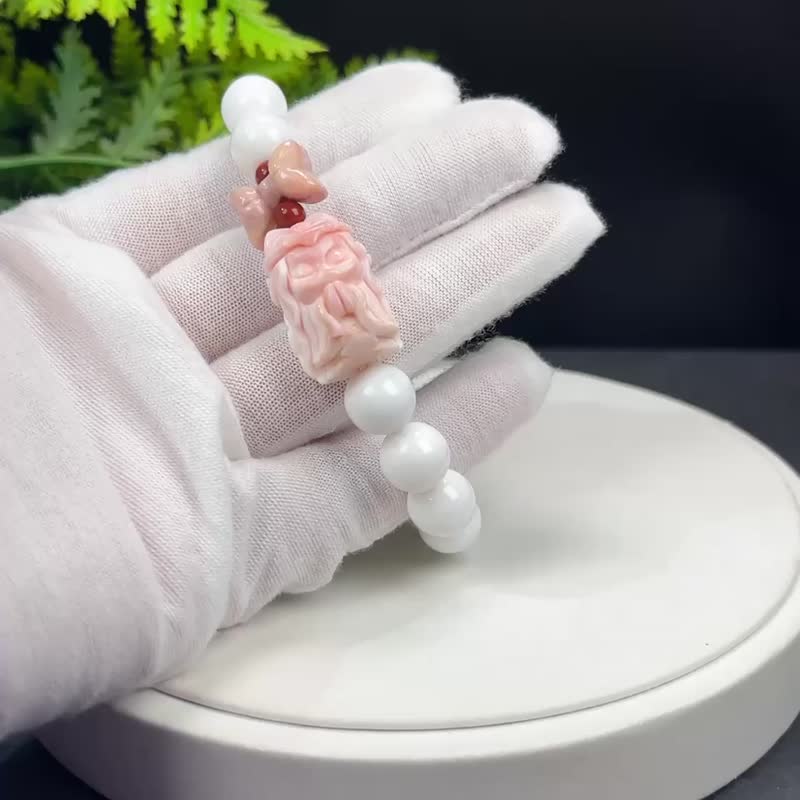 设计款高瓷白阿拉善玛瑙手串搭配粉白双色女王贝立体雕刻九尾狐仙 - 手链/手环 - 半宝石 