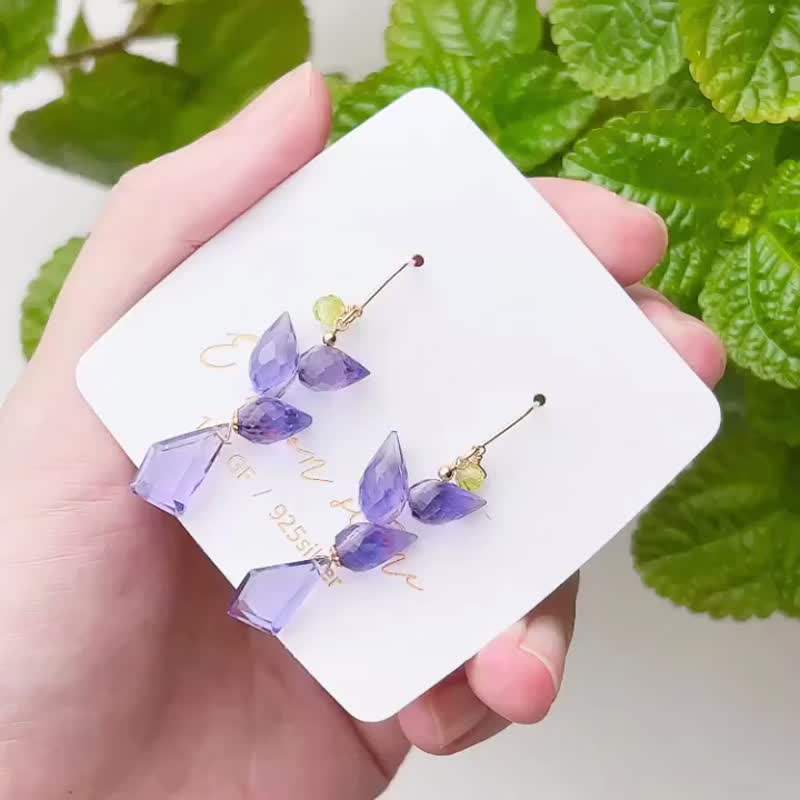 适合长时间用脑的你 /  麦穗型 紫水晶不规则耳环 14K 注金 - 耳环/耳夹 - 水晶 紫色