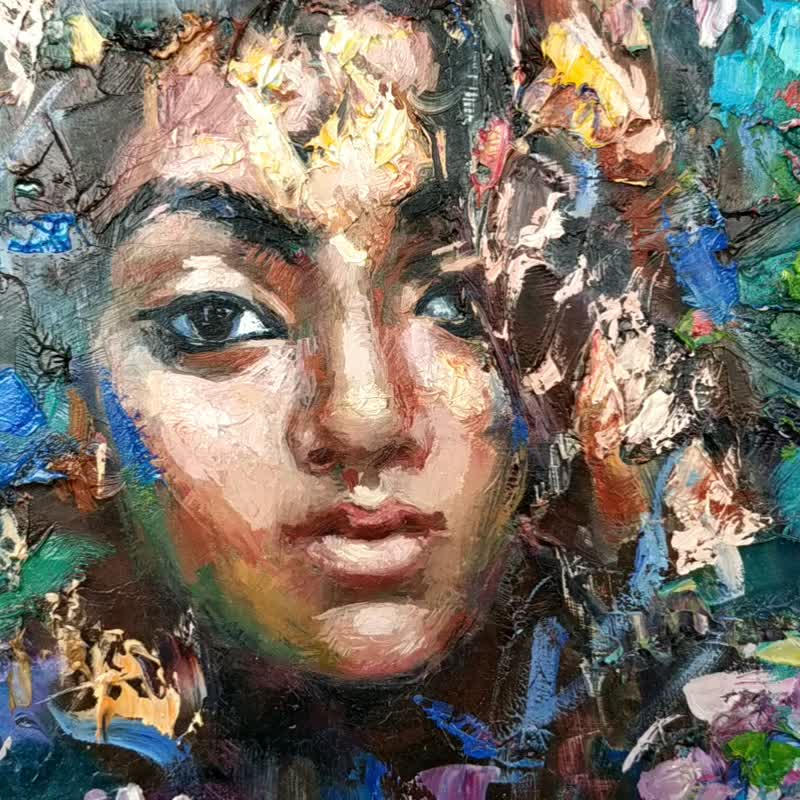 一个女人的肖像 Girl Painting 油畫原作 Original Painting Portrait Woman Artwork Flowers - 海报/装饰画/版画 - 木头 多色