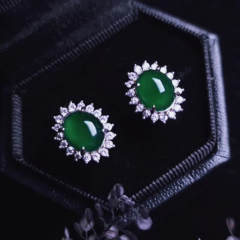 招财•健康•活力|大冰绿蛋|A货翡翠纯银黛妃精典太阳花款耳环 - 耳环/耳夹 - 玉石 