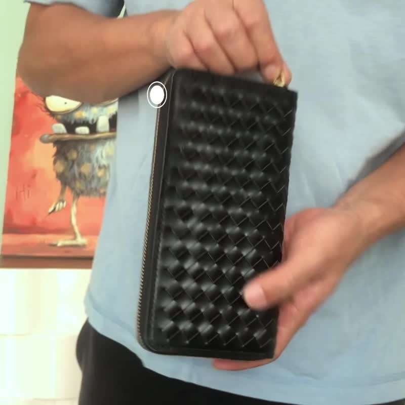编织皮面拉链长夹 三边拉链长银包 羊皮手拿包 编织包包 定制刻字 - 皮夹/钱包 - 真皮 
